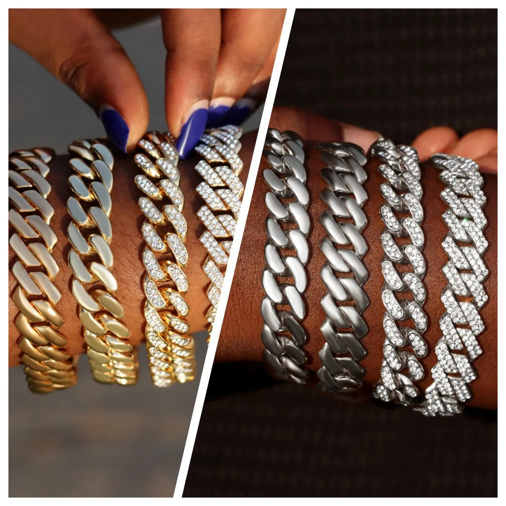 1Pcs 13/14MM Cuban Chain Bracelet for Men Women Prong Miami Rhinestones Cuban Bracelets Wristband Hiphop Gifts Jewelry