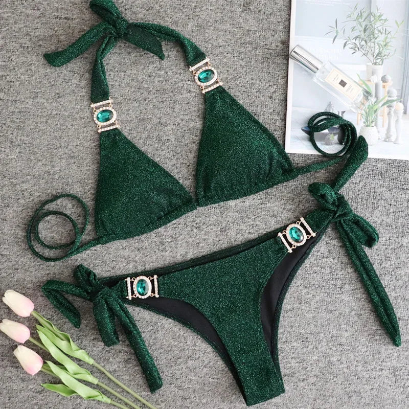 Women’s 2026 Rhinestone Diamond Bikini – Halter Chain Two‑Piece Swimsuit, Sexy Shiny Brazilian Swimwear