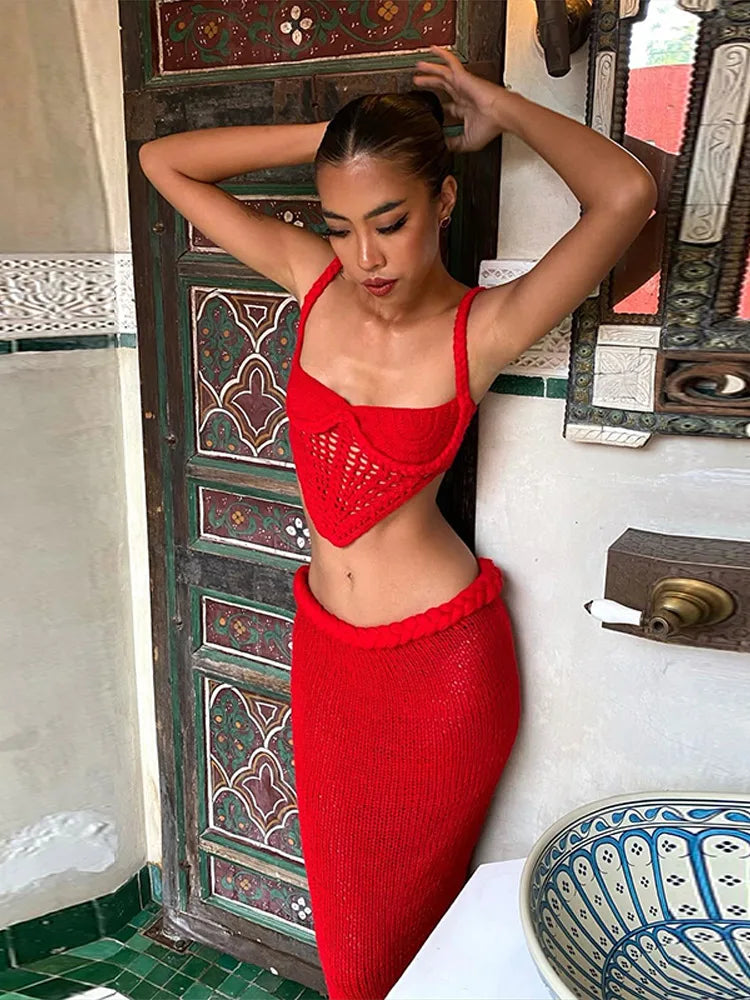 Women’s Crochet Halter Bikini Top & Fishtail Skirt Set – Hollow‑Out Backless Beachwear Outfit