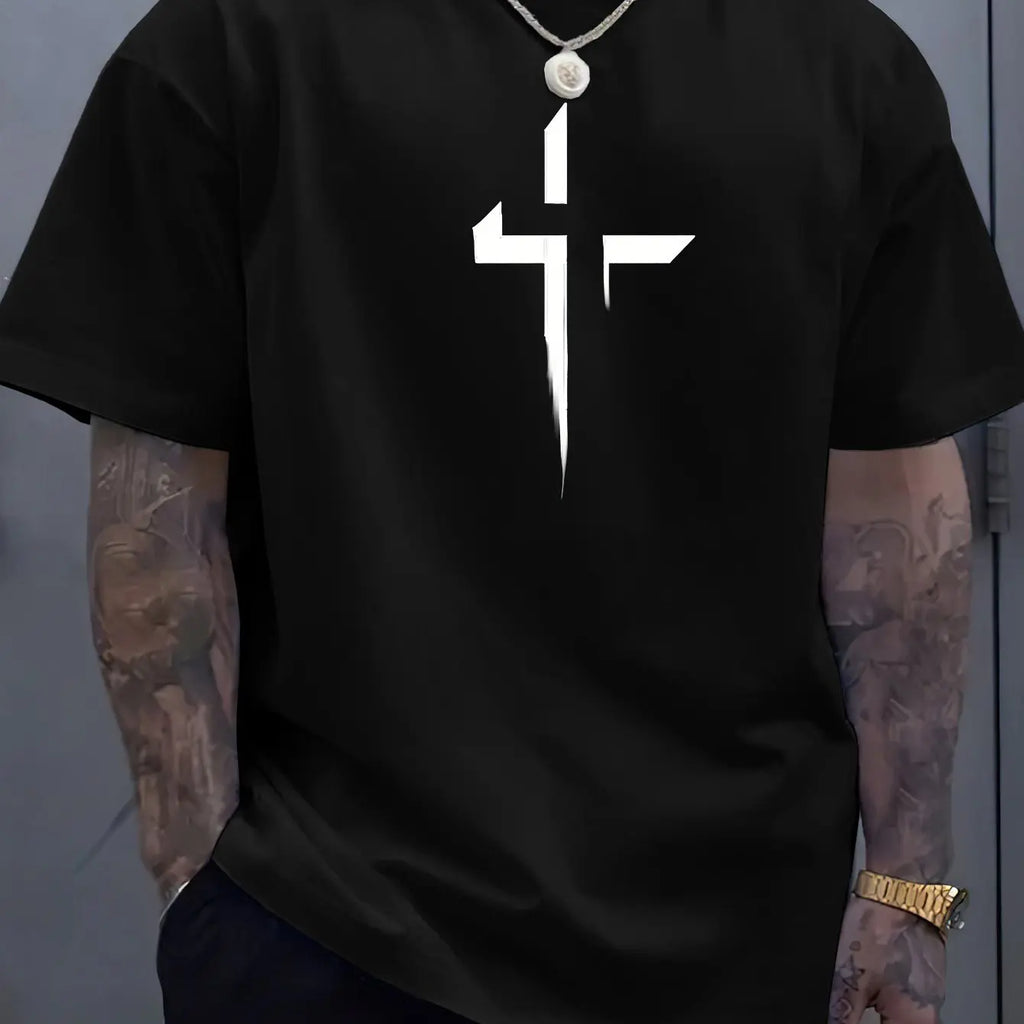 Men’s 100% Cotton Cross‑Print T‑Shirt – Loose Plus‑Size Summer Sports Tee | Comfortable Round‑Neck Casual Top