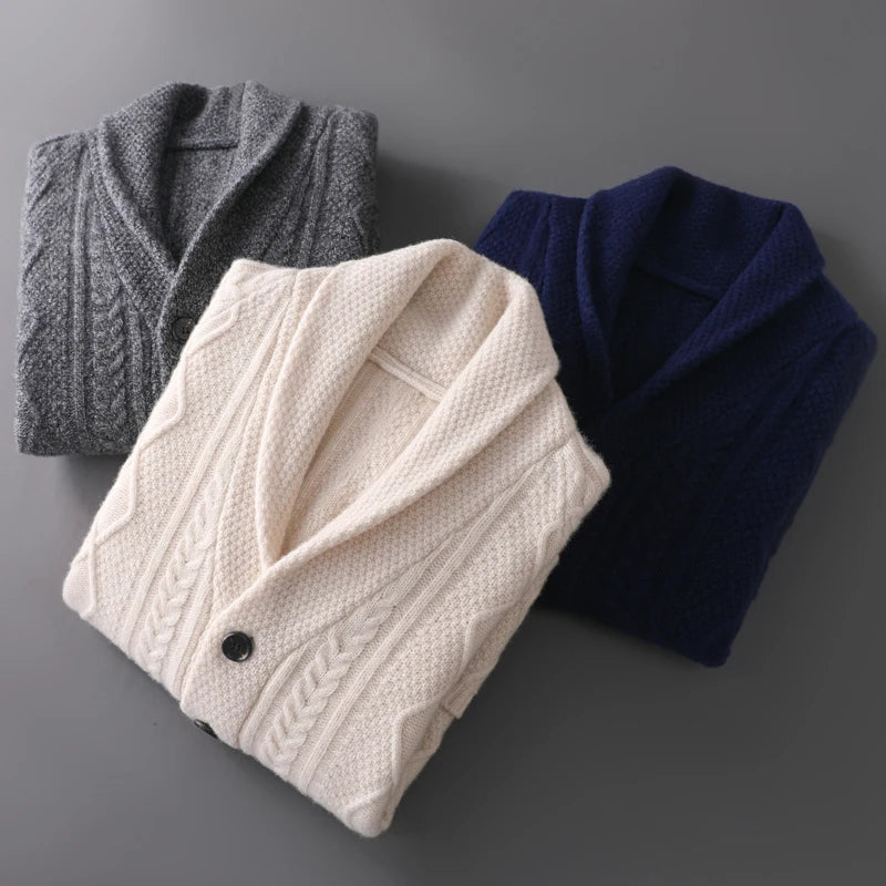 Autumn Winter Men 100% Merino Wool knitted Cashmere Sweater Thick Jacquard Coat Turn-Down Collar Cardigan Smart Casual Chic Tops