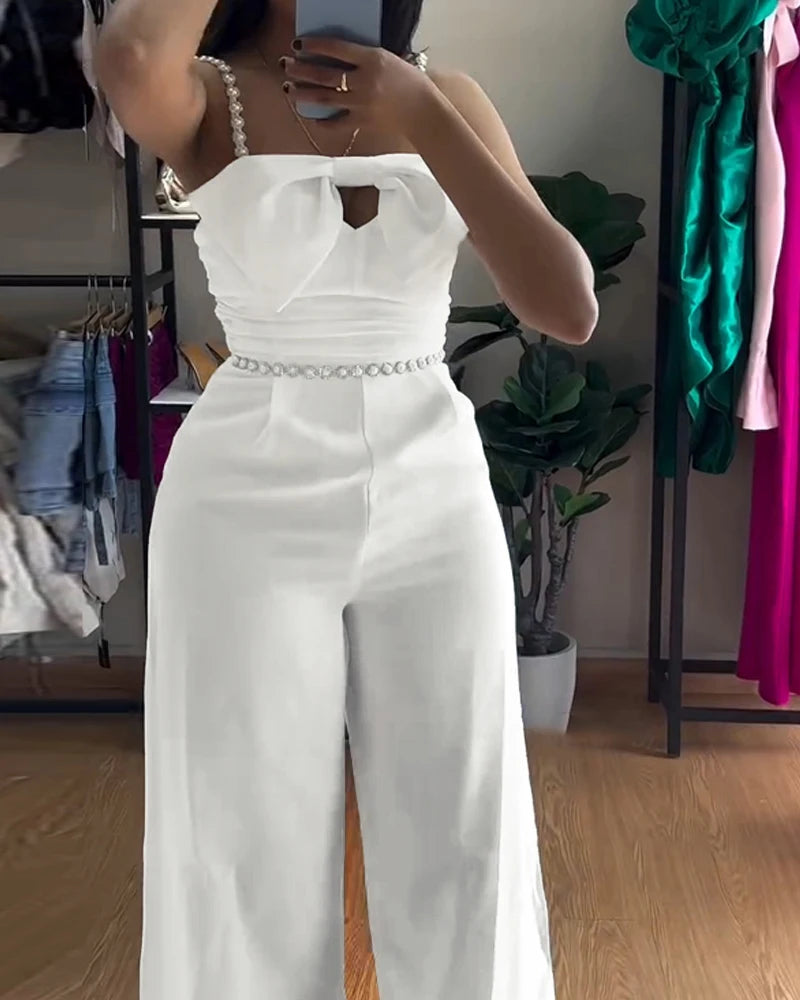 Jumpsuit Women 2025 Spring New Bandeau Beaded Spaghetti Strap Bowknot Design Ruched Slim Fit Jumpsuit Elegant Wide-Leg Overall