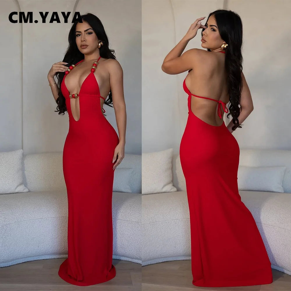 CM.YAYA Women Sleeveless Deep V-neck Halter Long Maxi Dress Summer Backless Beach Sexy Street Evening Night Club Party Dresses