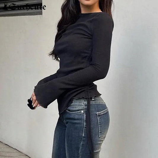 SUCHCUTE Basic Women T-shirt Lace Up Drawstring Solid Long Sleeve Tee Casual Elegant Tops Korean Knitted 2024 Autumn Clothes New