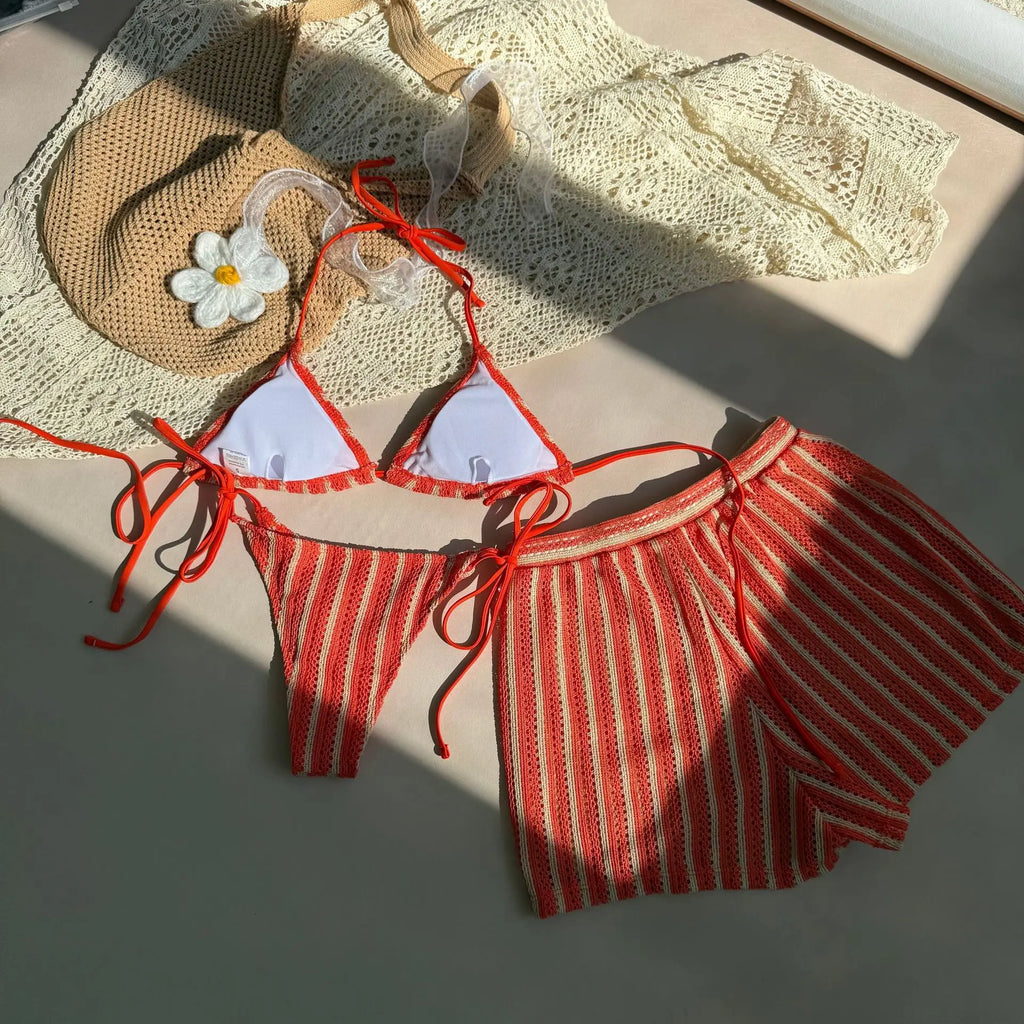 Women’s 2026 Striped 3‑Piece Bikini Set – Sexy Swimsuit with Skirt Beachwear
