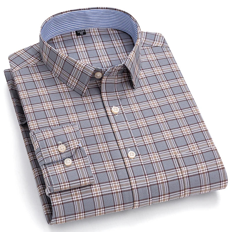 2024 New Quality Men's Social Shirt Long Sleeve 100% Pure Cotton Oxford Soft Plaid Formal Male Clothes Oversized Shirt S-7XL