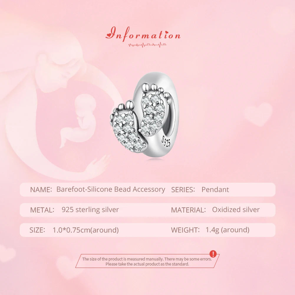 Bamoer 925 Sterling Silver Baby Feet Silicone Bead Accessory for Women Bracelet Bangle DIY Mother's Day Gift BSC688