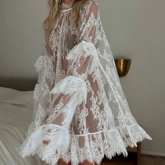 Transparent Sexy Solid Color Bikini Covers Women Embroidery Turtleneck Swing Mini Dress 2025 Long Sleeved Lace Top Streetwear
