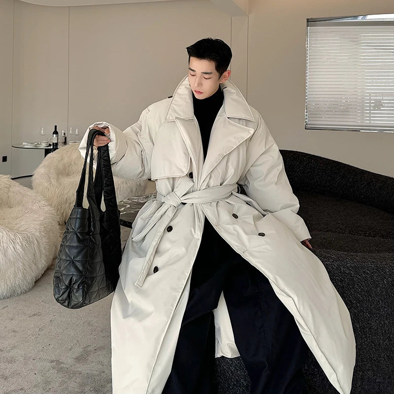 Fashionable Down Cotton-Padded Jacket Men's Trendy Winter Thickened Warm High-End Lace-up Long Overknee Long Sleeve Coats