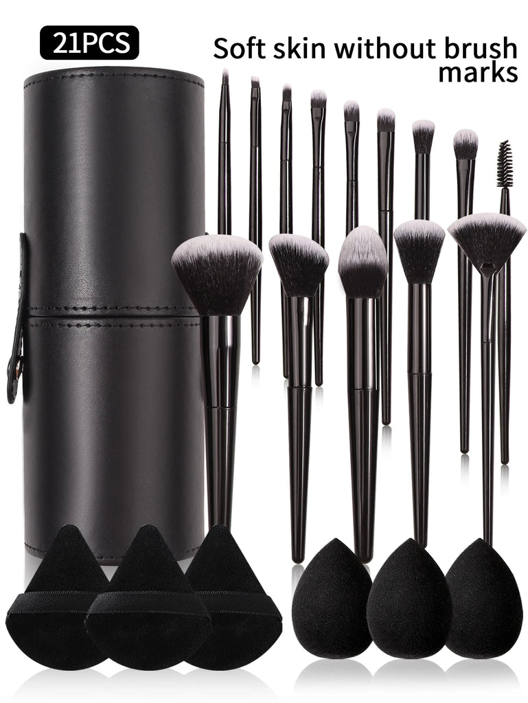 Fashion Makeup Brush Set (3–21pcs) – Soft Hair Cosmetic Brushes with Holder, Beauty Egg & Powder Puff