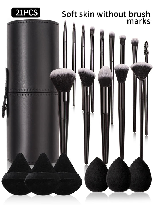 Fashion Makeup Brush Set (3–21pcs) – Soft Hair Cosmetic Brushes with Holder, Beauty Egg & Powder Puff