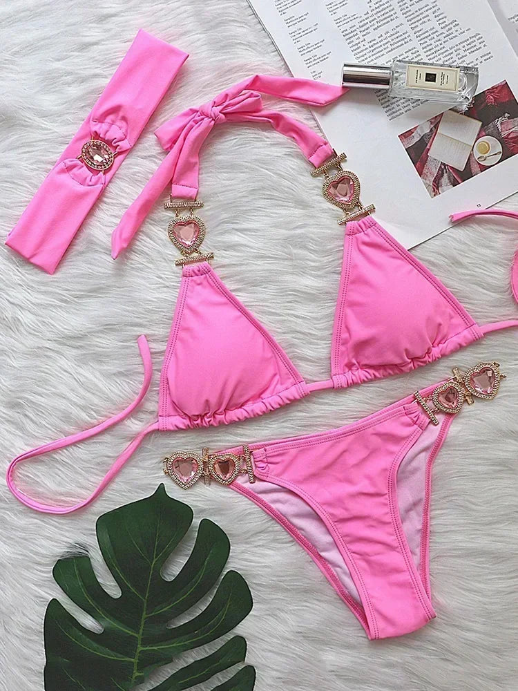 Women’s 2026 Rhinestone Diamond Bikini – Halter Chain Two‑Piece Swimsuit, Sexy Shiny Brazilian Swimwear