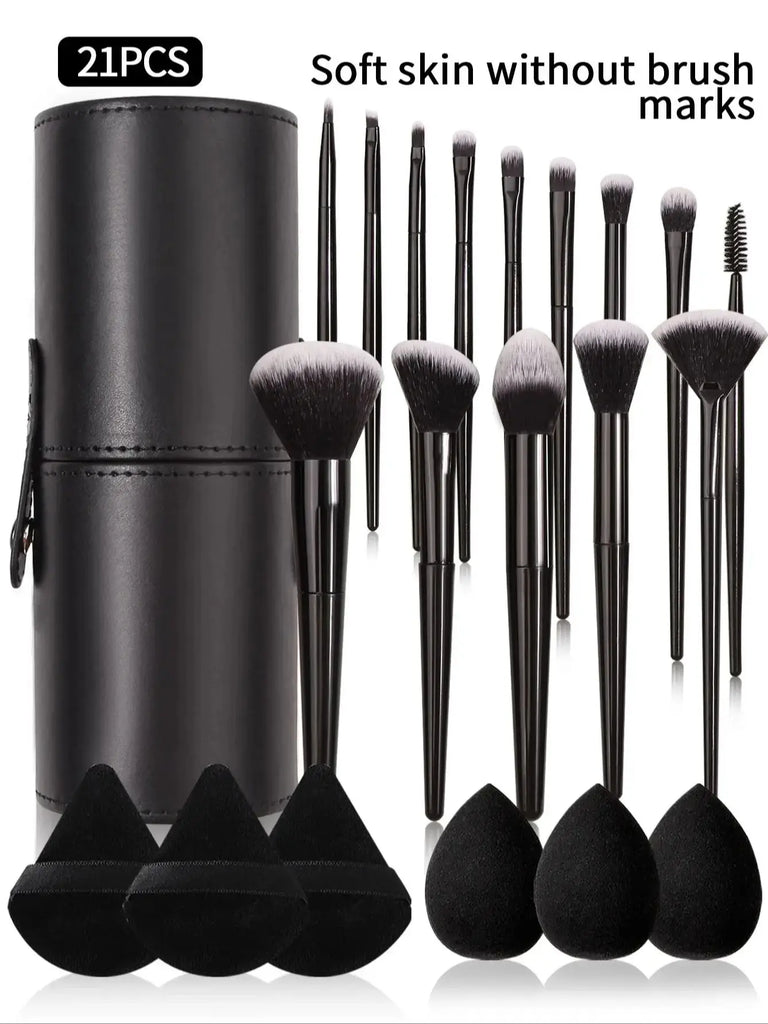 Fashion Makeup Brush Set (3–21pcs) – Soft Hair Cosmetic Brushes with Holder, Beauty Egg & Powder Puff