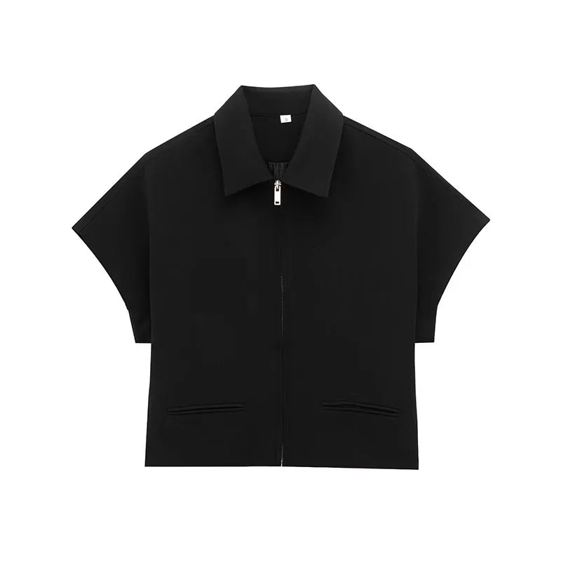 HipSeam Women Lapel Collar Short Jacket Women's Cropped Short Collared Jackets With Zipper Lady Short Sleeve Coat Female Jacket