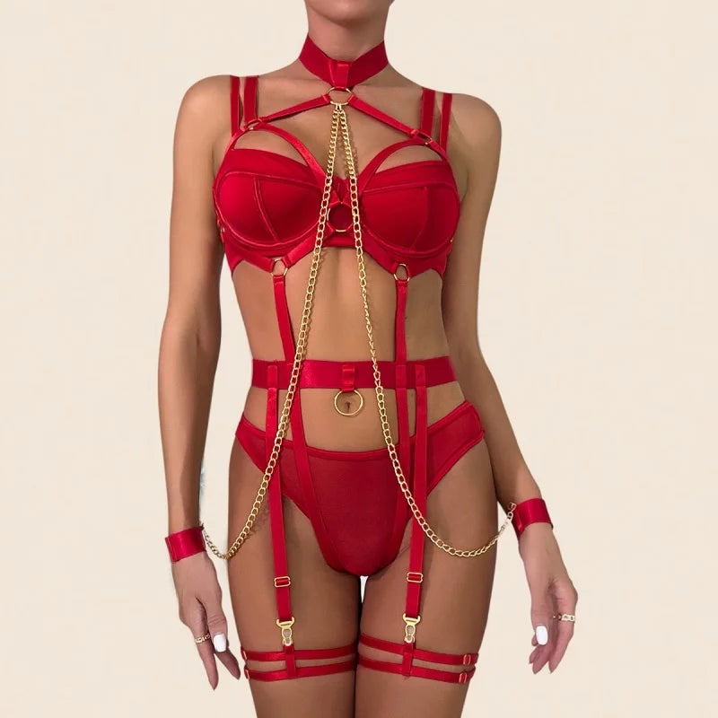 Toucheart Sexy Lingerie Seductive Sexy Role-Playing Chain Four-Piece Set Transparent Underwear For Women Sexy Bra Underwear Set