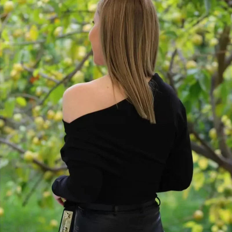 Women’s One‑Shoulder Asymmetrical Long‑Sleeve Y2K Top – HXAO Off‑Shoulder Summer T‑Shirt
