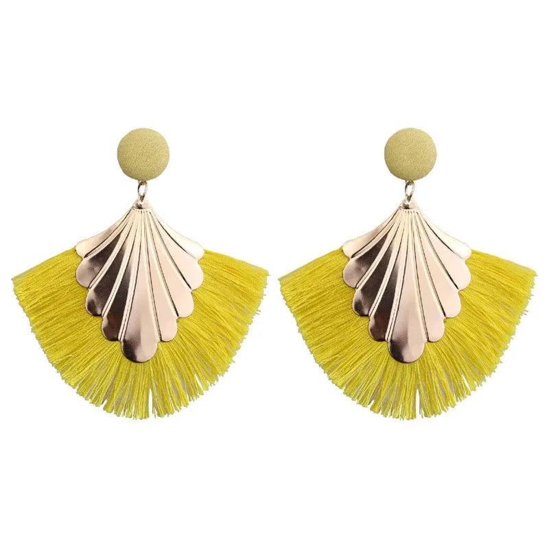 FSUNION 2025 New Bohemia Fan Shaped Tassel Earrings For Women Exaggerated Big Statement Fringed  Vintage Dangle