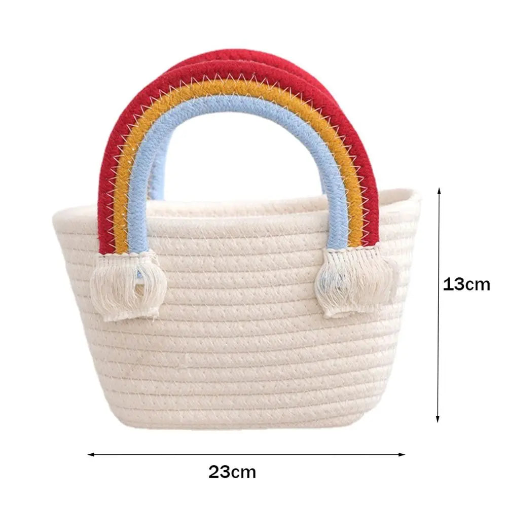 Rainbow Cotton Rope Woven Bag Handbag Girls Handmade Desktop Storage Basket Cosmetic Organizert Box Picnic Basket
