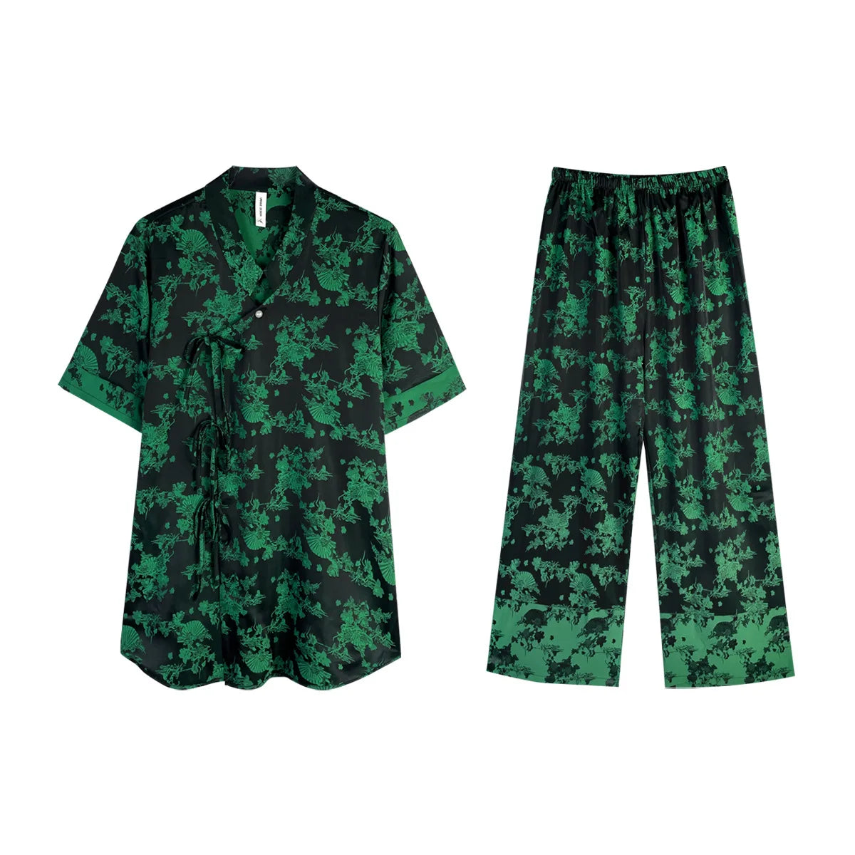 New Chinese Style Pajamas Women Jacquard Flower Sleepwear Short Sleeve Trouser Suits Spring Summer Silk Satin Nightwear Homewear