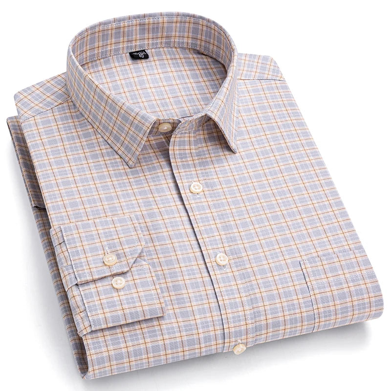 2024 New Quality Men's Social Shirt Long Sleeve 100% Pure Cotton Oxford Soft Plaid Formal Male Clothes Oversized Shirt S-7XL