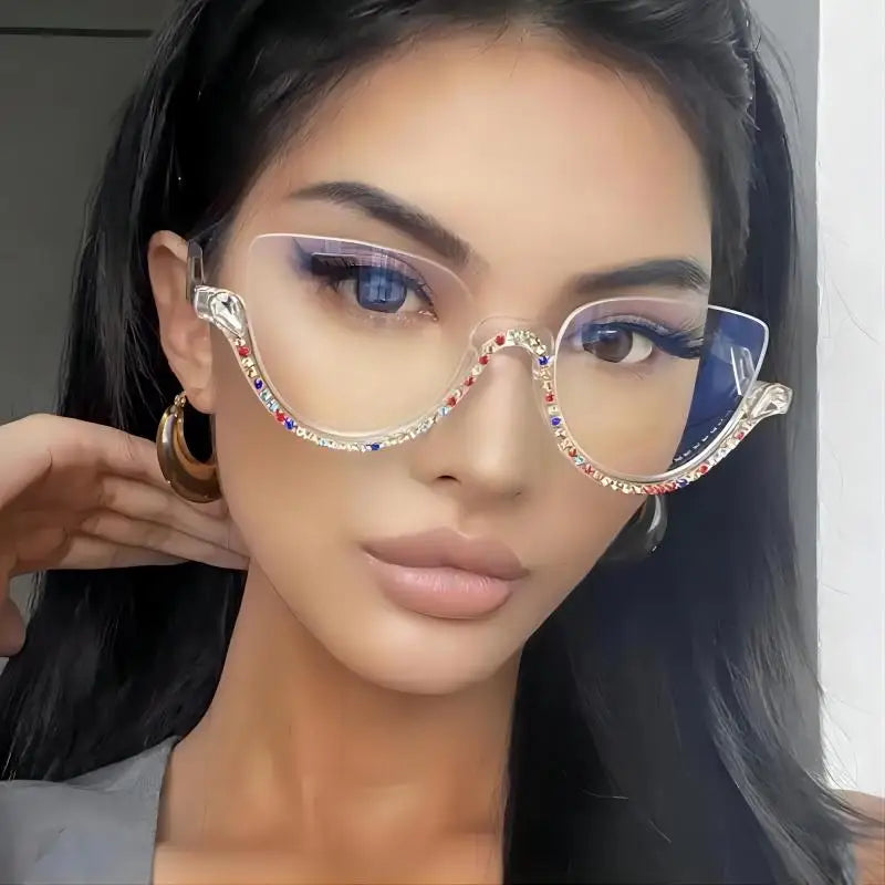 :Diamond Cat Eye Sunglasses for Women, Semi-Rimless Sun Glasses, Crystal Frame, Rhinestone Eyewear,Luxury Brand Designer,2023