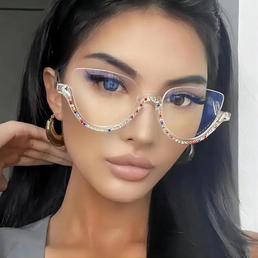 :Diamond Cat Eye Sunglasses for Women, Semi-Rimless Sun Glasses, Crystal Frame, Rhinestone Eyewear,Luxury Brand Designer,2023