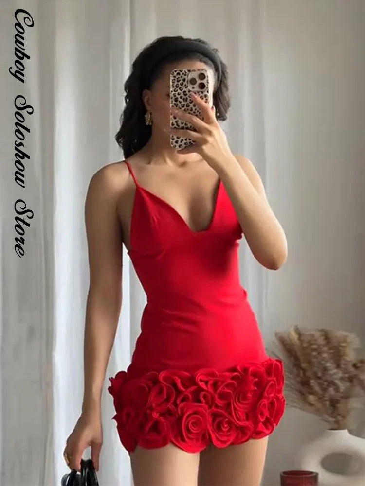 Sexy 3d Flower Mini Dress Women Chic Sling Slim Red Deep V-neck Backless Sleeveless Dresses 2025 Summer Party Evening Lady Robe