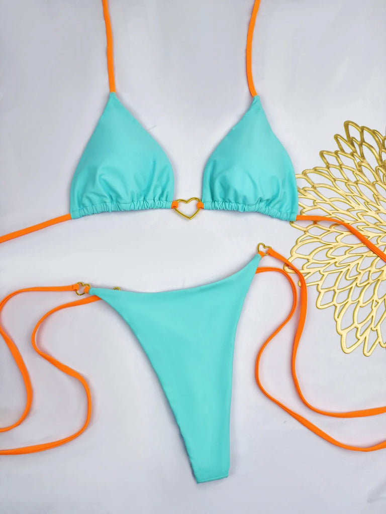 Women’s Sexy Halter Triangle Bikini – Low‑Waist Brazilian Thong Two‑Piece Swimsuit (Solid Color)