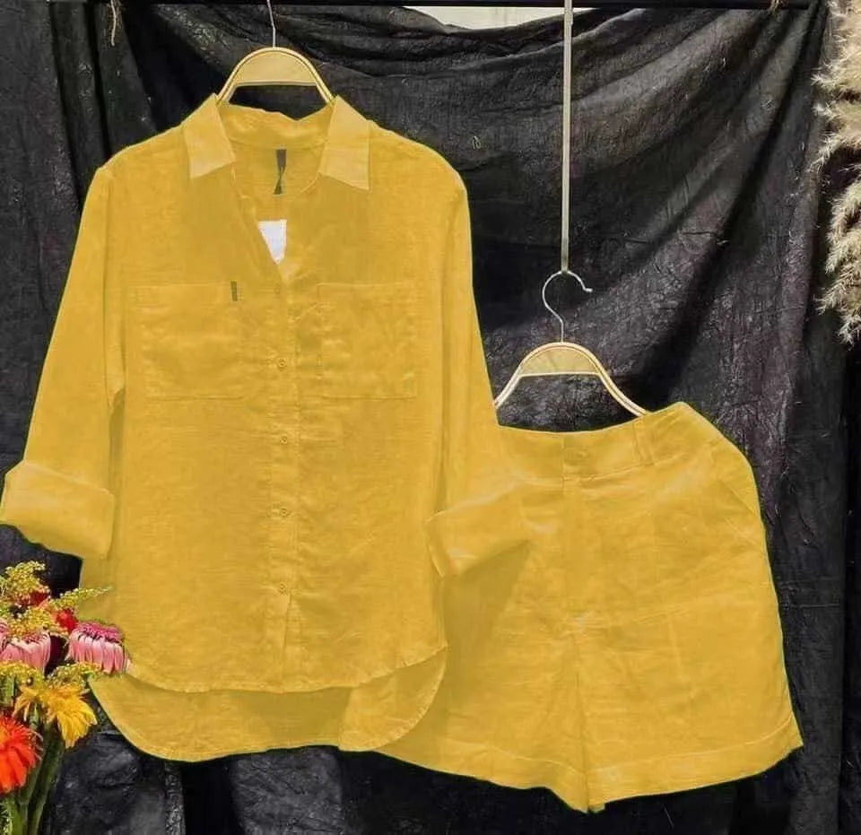 Spring Summer Short Set Women Fashion Green Casual Long Sleeve Shirt Top 2 Piece Set Female Holiday Solid New Suit Lady Clothing