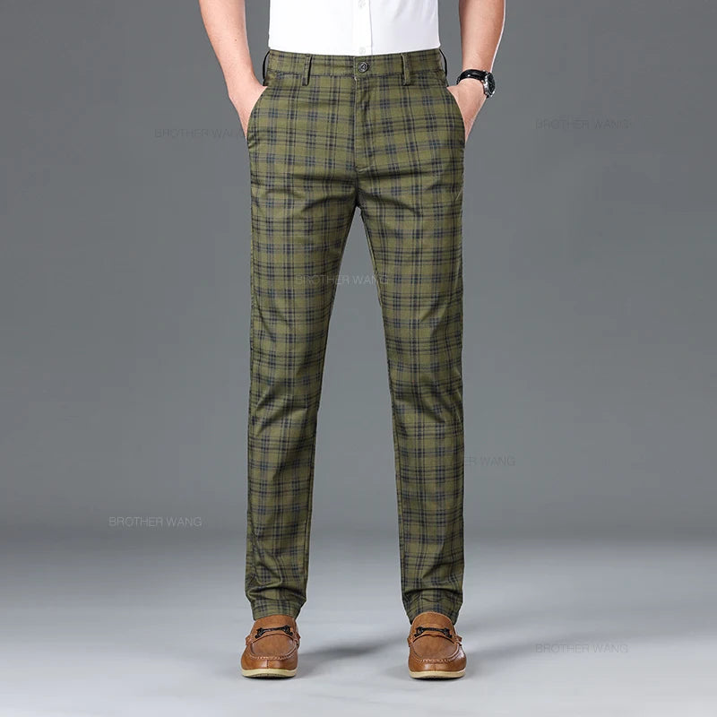 Slim‑Fit Plaid Cotton Pants