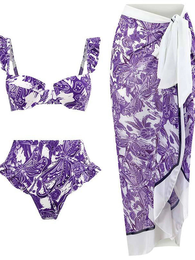 S- XL Printed Underwired Female Swimsuit High Waist Bikini Women Swimwear Three-pieces Bikini set Bather Bathing Suit Swim V4106