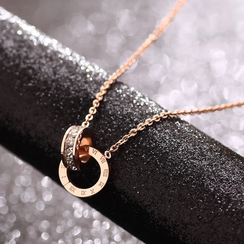 L91 new stainless steel rose gold square diamond Roman numeral double-buckle short necklace