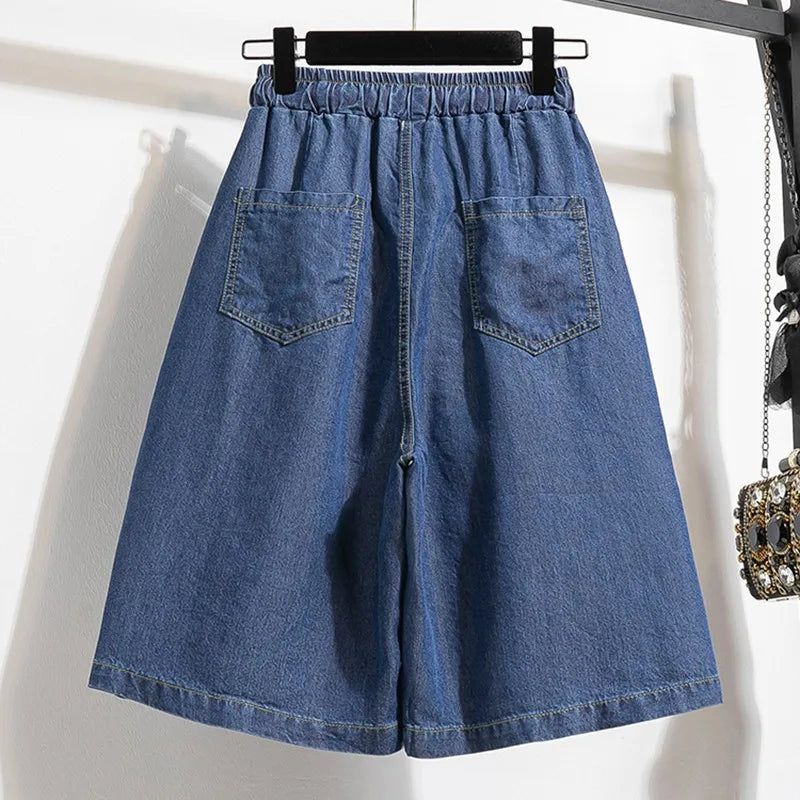 Women Summer Casual Short Jeans New Arrival 2024 Korean Style Solid Color Basics Loose Female Knee Length Denim Pants B3677
