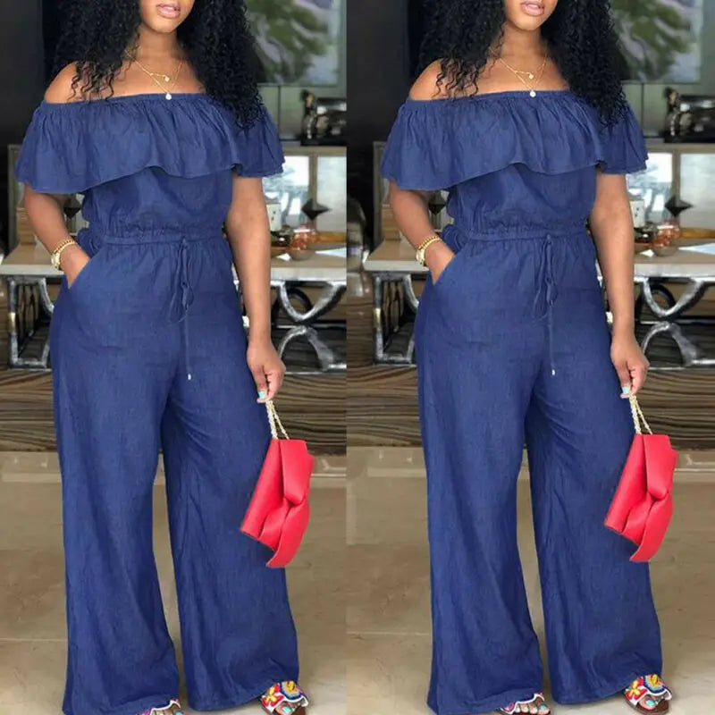 Jumpsuit Women Fashion Casual Women Solid Off Shoulder Long Romper Jumpsuit Bodysuit Overall Wide Legs Mono Completo Mujer