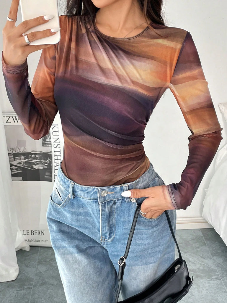 Women’s Pleated Mesh Floral Print Bodysuit