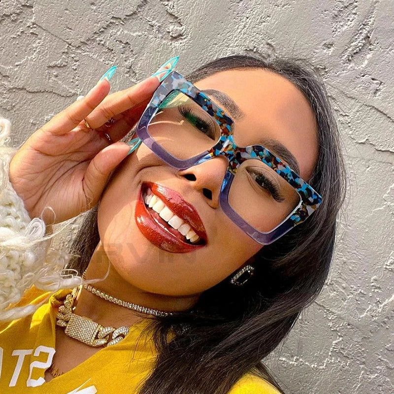 Unique Purple Green Glasses Frame Women New Fashion Oversized Square Computer Eyeglasses Shades Retro Female Clear Lens Eyewear