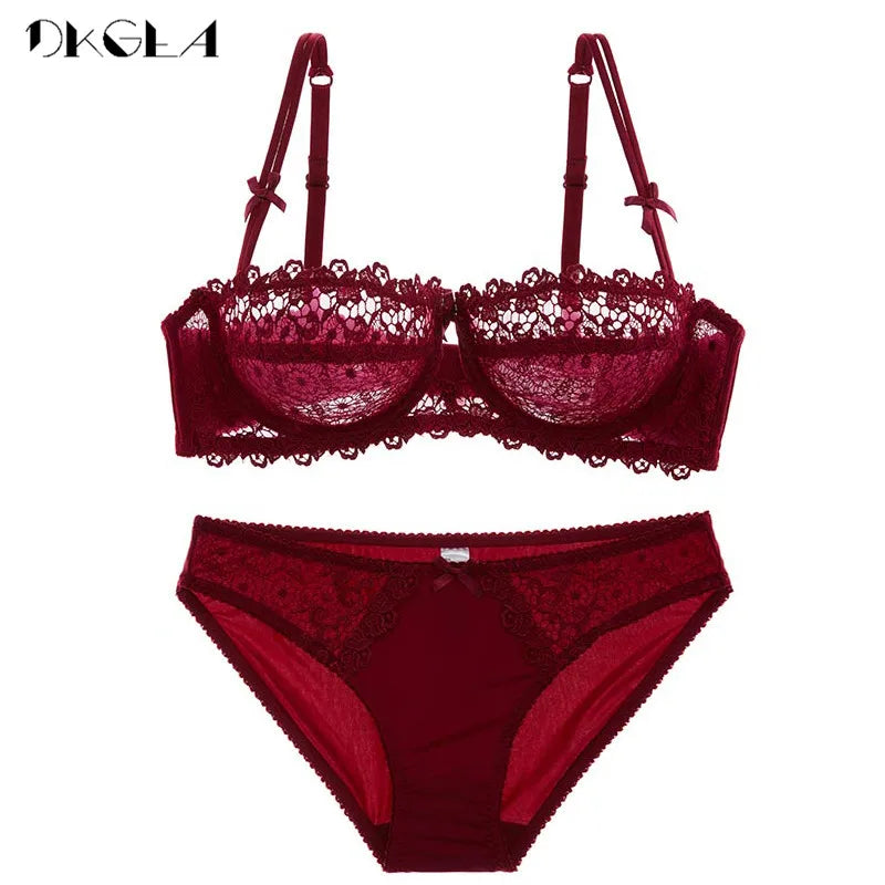 Hollow Underwear Set Lace Bras 1/2 Cup Brassiere White Transparent Sexy Bra Panties Sets Women Plus Size Lingerie Set Embroidery