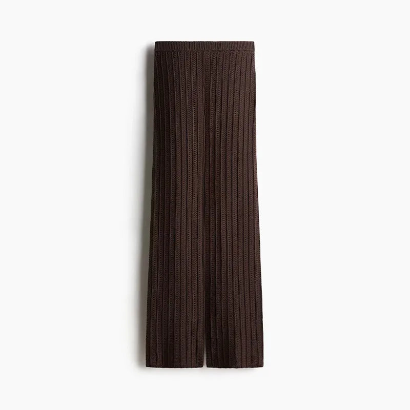 Fashion Hollow Out Knitted Long Pants Sets For Women Solid Single Breasted Short Sleeved Sweater Wide Leg Trouser 2 Pieces Suit