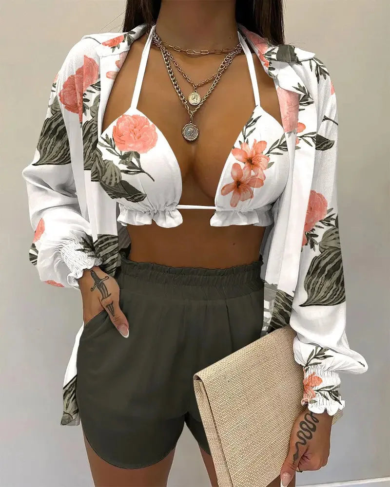 Women’s 2024 High‑Waist 3‑Piece Bikini Set – Printed Swimsuit with Shorts Cover‑Up Summer Beachwear