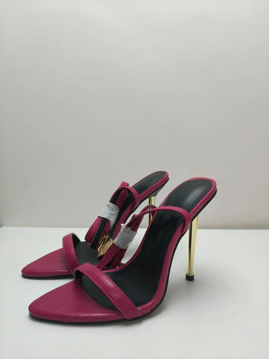 2025 New Sexy Gold Padlock High Heels One Word Buckle Open Toe Thin Heels Leather Shoes Ankle Strap Gladiator Sandal 44