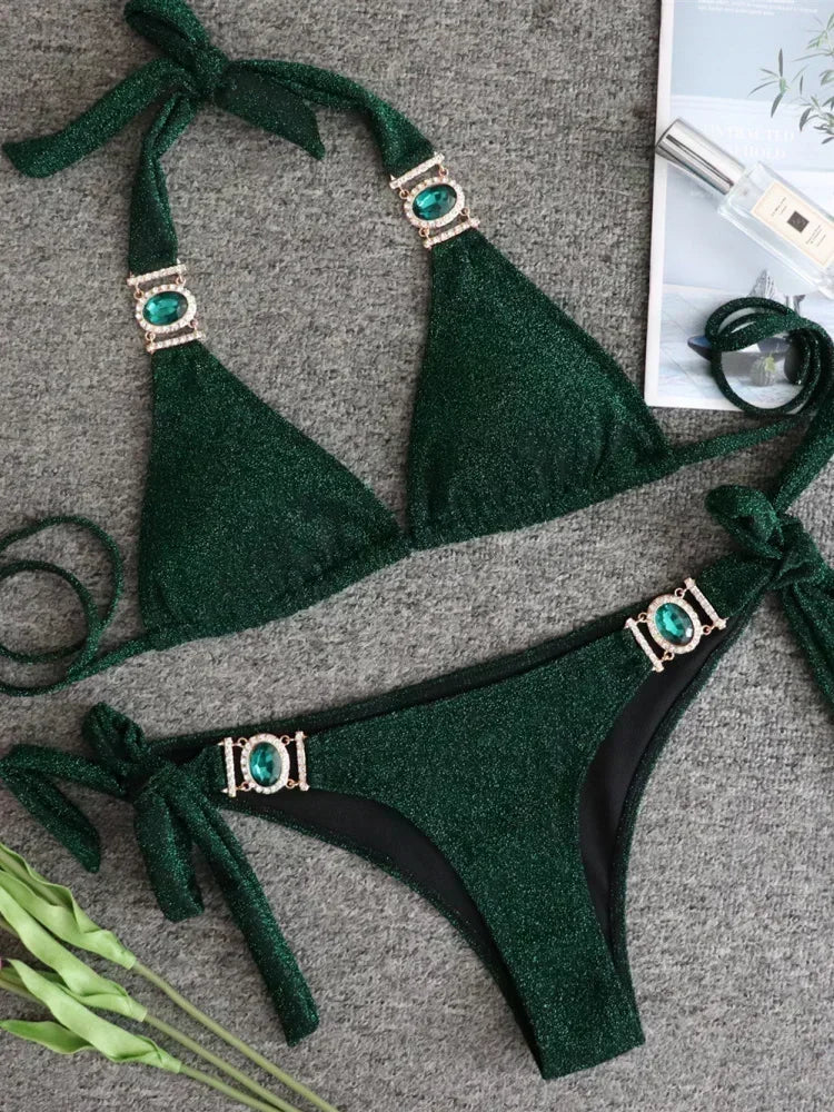 Women’s 2026 Rhinestone Diamond Bikini – Halter Chain Two‑Piece Swimsuit, Sexy Shiny Brazilian Swimwear