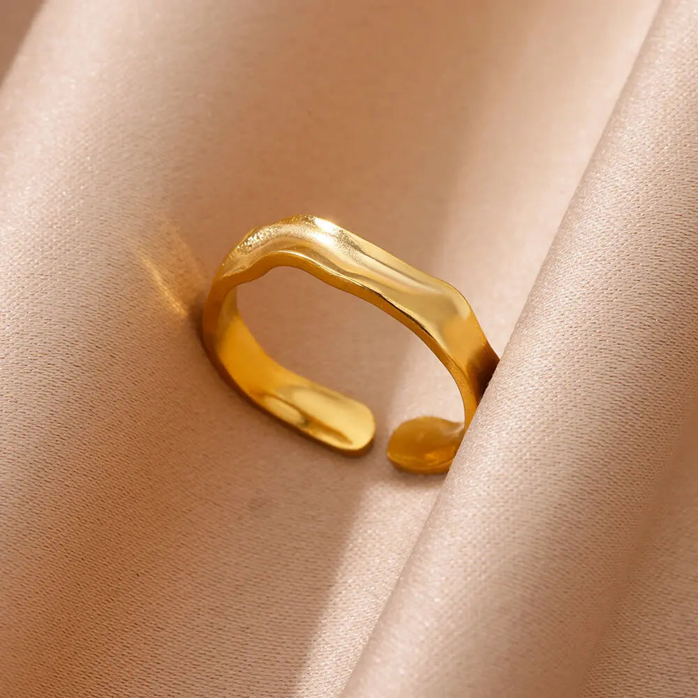 Minimalist Textured Stainless Steel Geometric Rings – Gold Open Adjustable Couple Ring for Women & Men