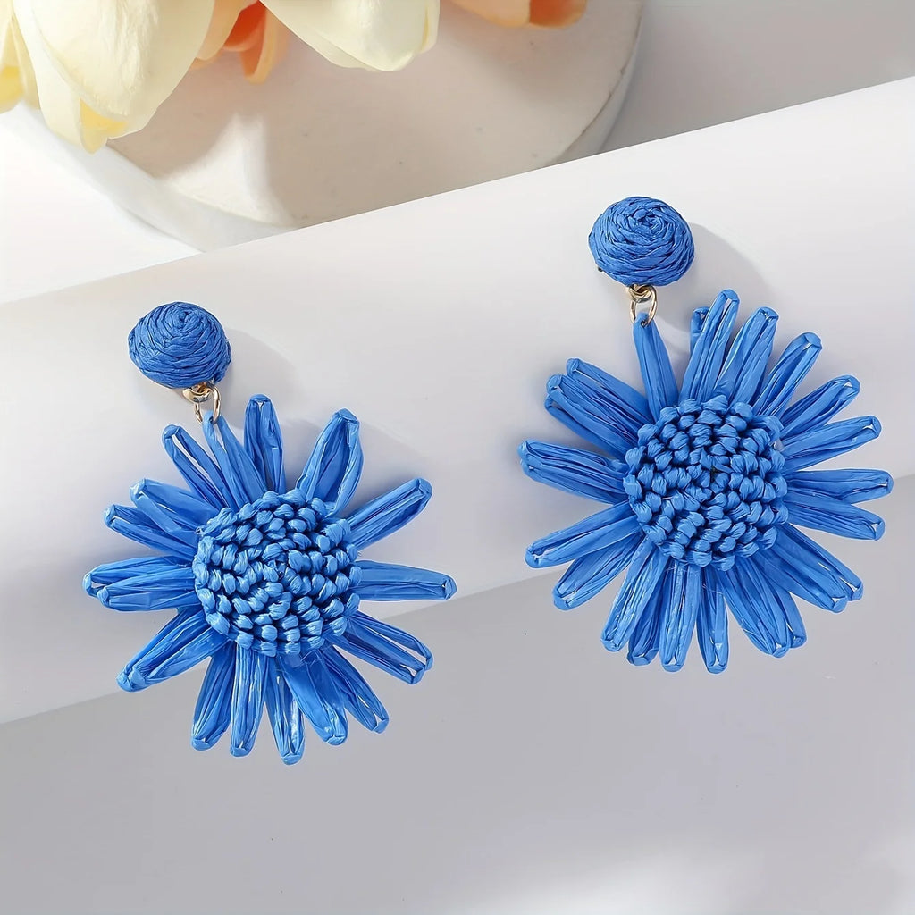 Bohemian vacation style hand-woven raffia sunflower droop earrings beach style multi-color fashion ladies special gift (1 pair)