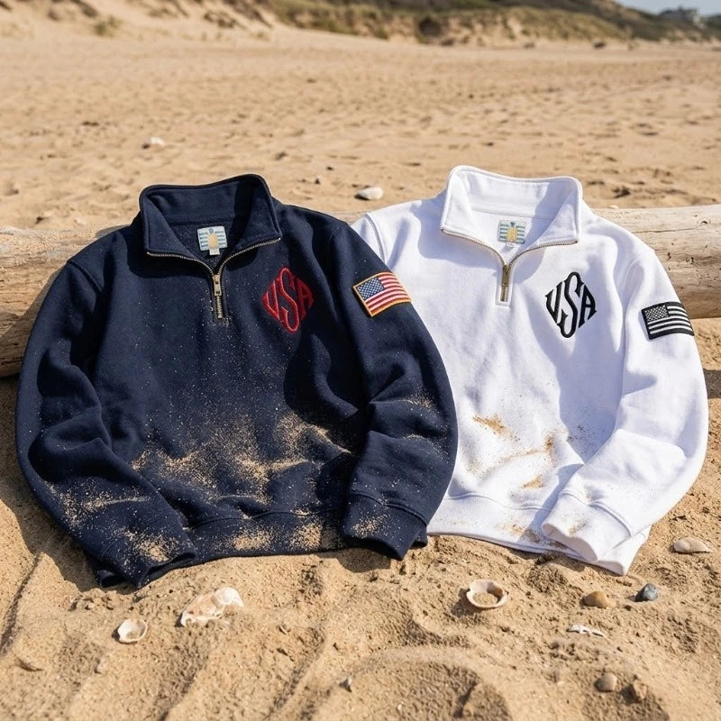 Y2K American Flag Embroider Hoodies Quarter Zip Sweatshirts Men Navy Blue White Pullover Patch Sleeve Streetwear Casual Sweater