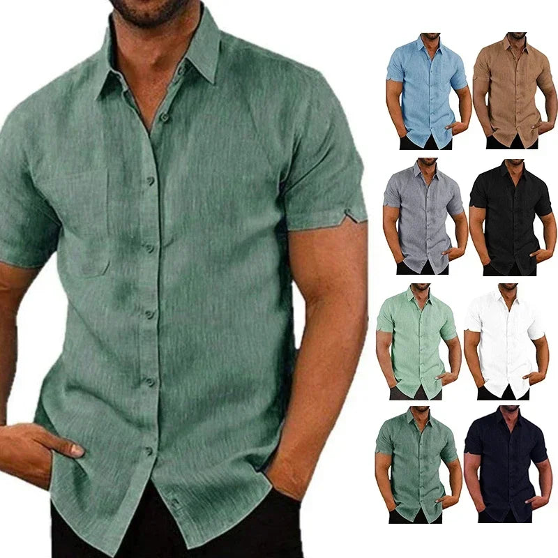 Men’s Cotton‑Linen Summer Shirt – Solid Short‑Sleeve Turn‑Down Collar Casual & Beachwear Top