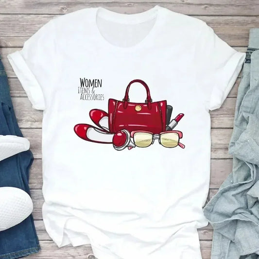 Women's T Shirt Summer Fashion Girl Bag Printed Ladies T-shirt Casual Short Sleeve Female Clothing Top Tee White Short Sleeve