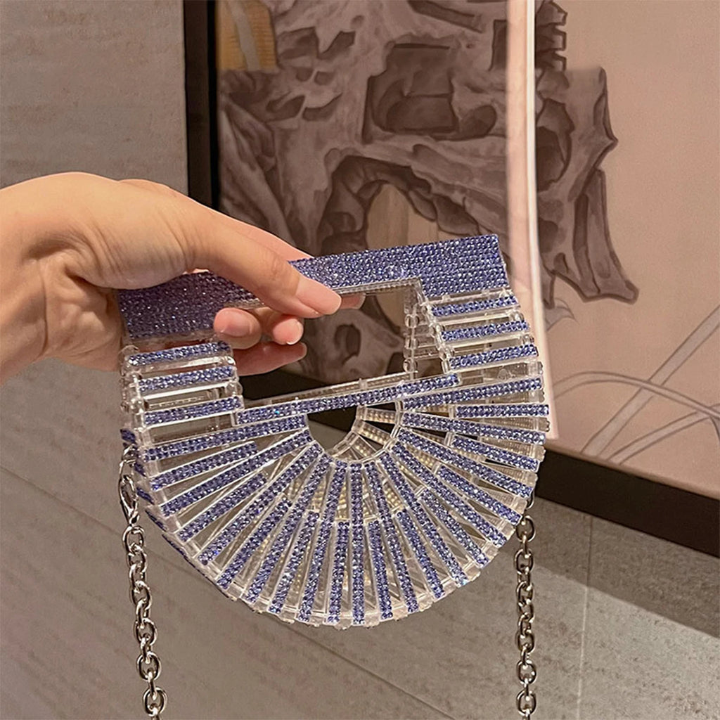 ﻿JIOMAY Half Moon Bag Rhinestone Purse Luxury Designer Handbags  Fan-Shaped   for Women |  Mini Shiny Basket Crystal Wedding Bag