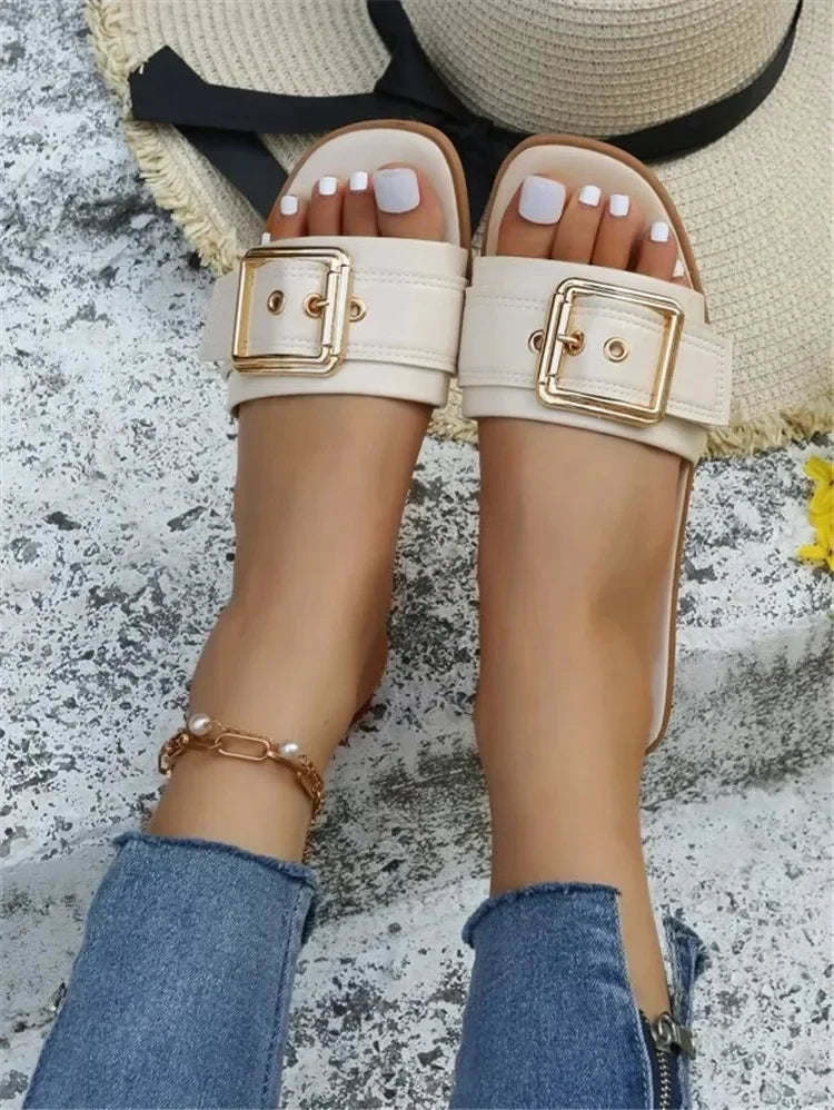 Women’s Personality Buckle Slides — Open Toe Wear‑Resistant Flat Slippers Summer Beach Sandals