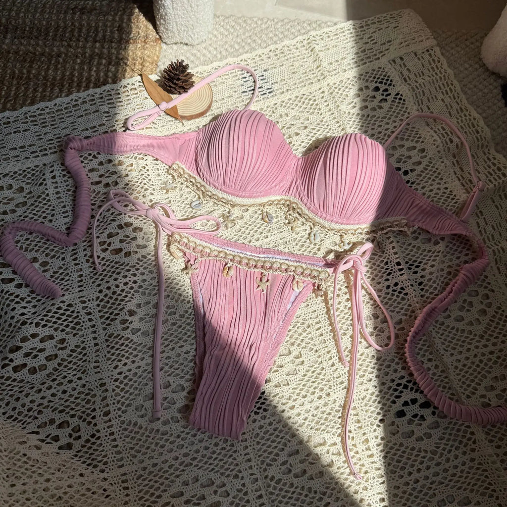 Women’s White Shell Bikini Set – Ruffled Push‑Up Underwire Thong Swimsuit with Starfish Ornaments 2025