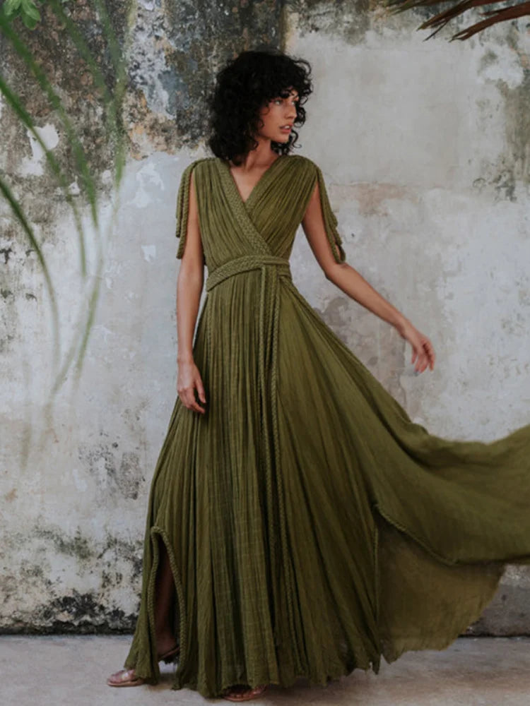 Strap Off Shoulder Hanging Neck Woven Rope Women Dress V-neck Slit Pleated Robe 2025 Summer Vacation Beach Lady Long Dresses